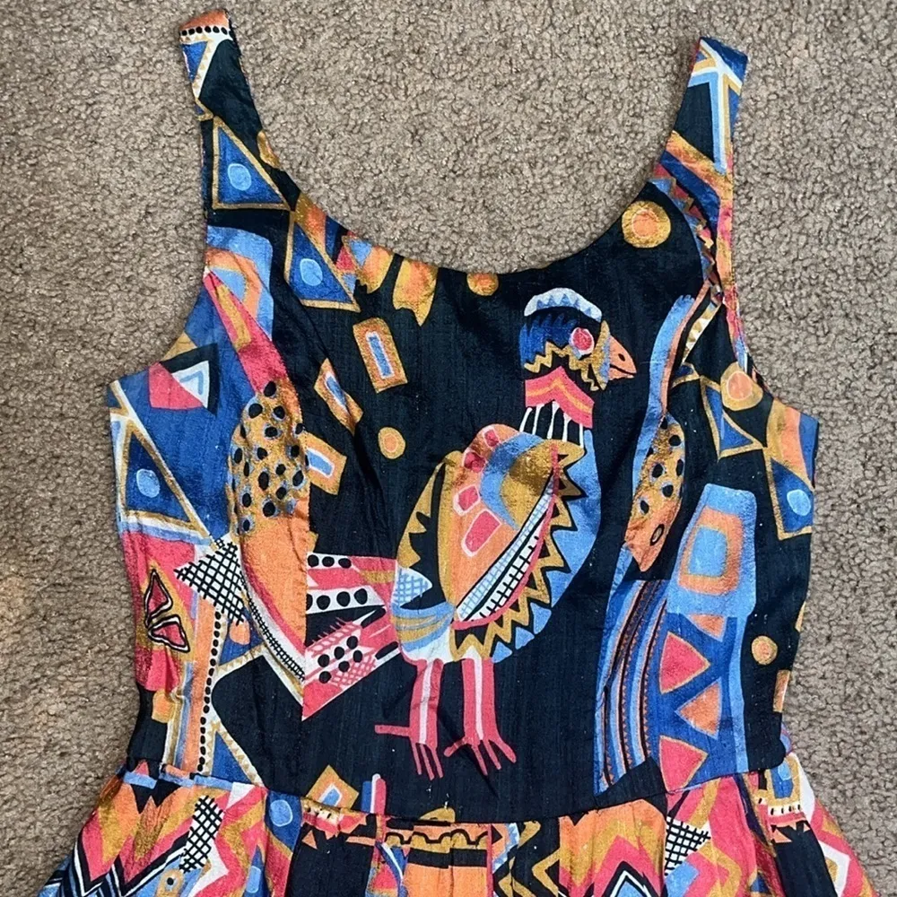 Gorman Vintage VTG Novelty‎ Silk Fiesta Bird Fish Boho Geometric Tank Midi Dress Blue - Image 3