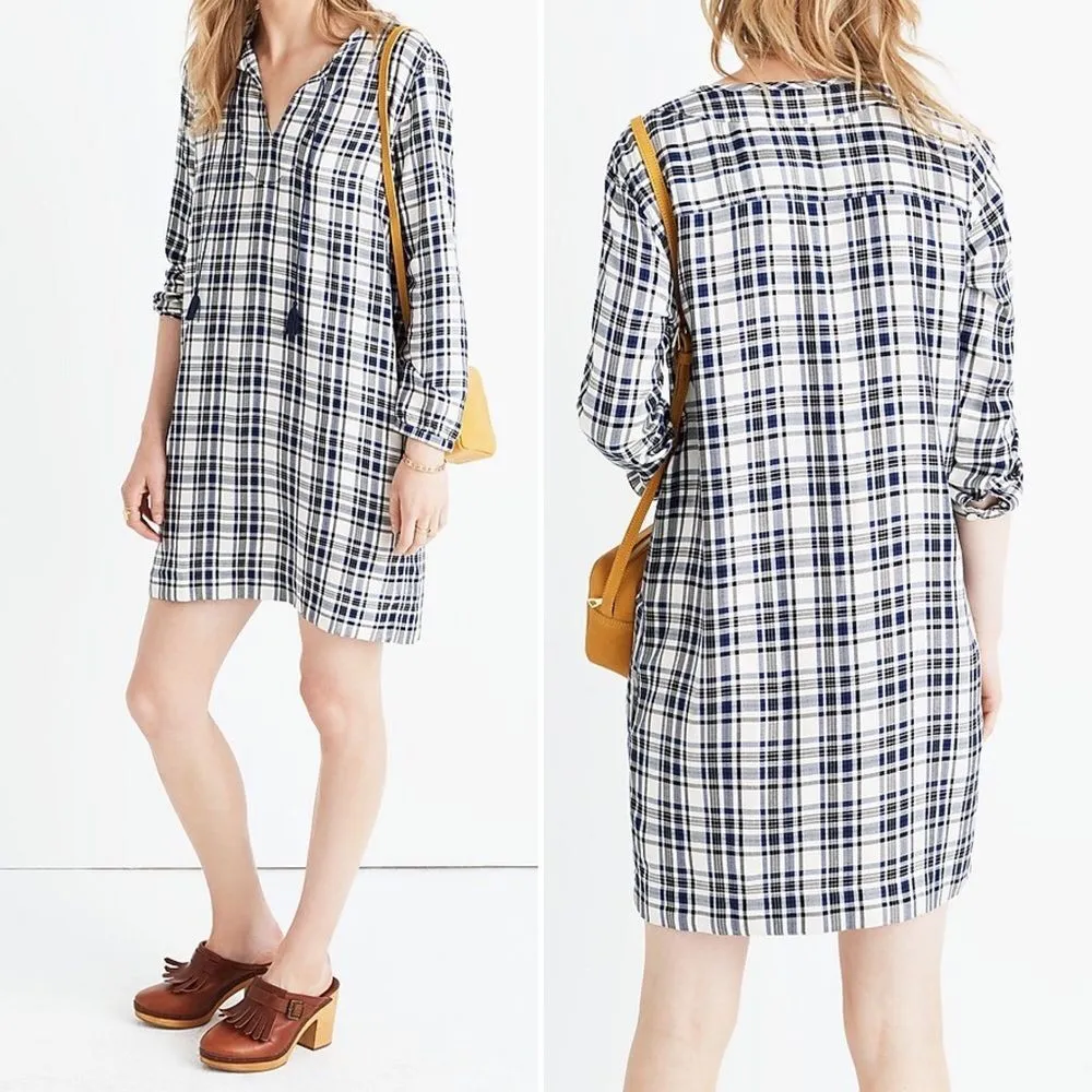 Madewell Plaid Artiste Tunic Dress Blue & Cream Plaid Popover Shift Size XXS 2XS - Image 13