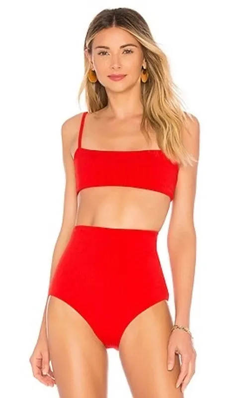 Mara Hoffman Sia Red Ribbed Straight Neck Bikini Swimsuit Top Size Small - Image 1