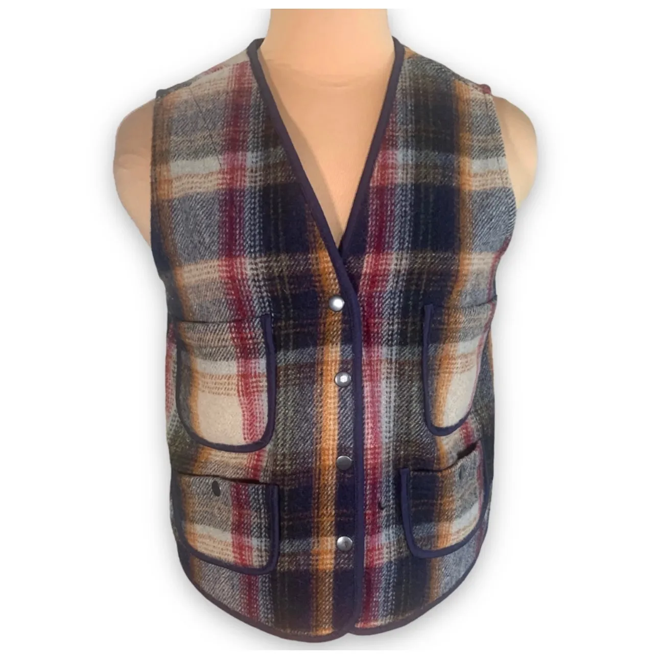 Vintage Plaid Wool Vest Petite Snap Front Utility Pockets Cabin Core Rugged Blue Size undefined - Image 2