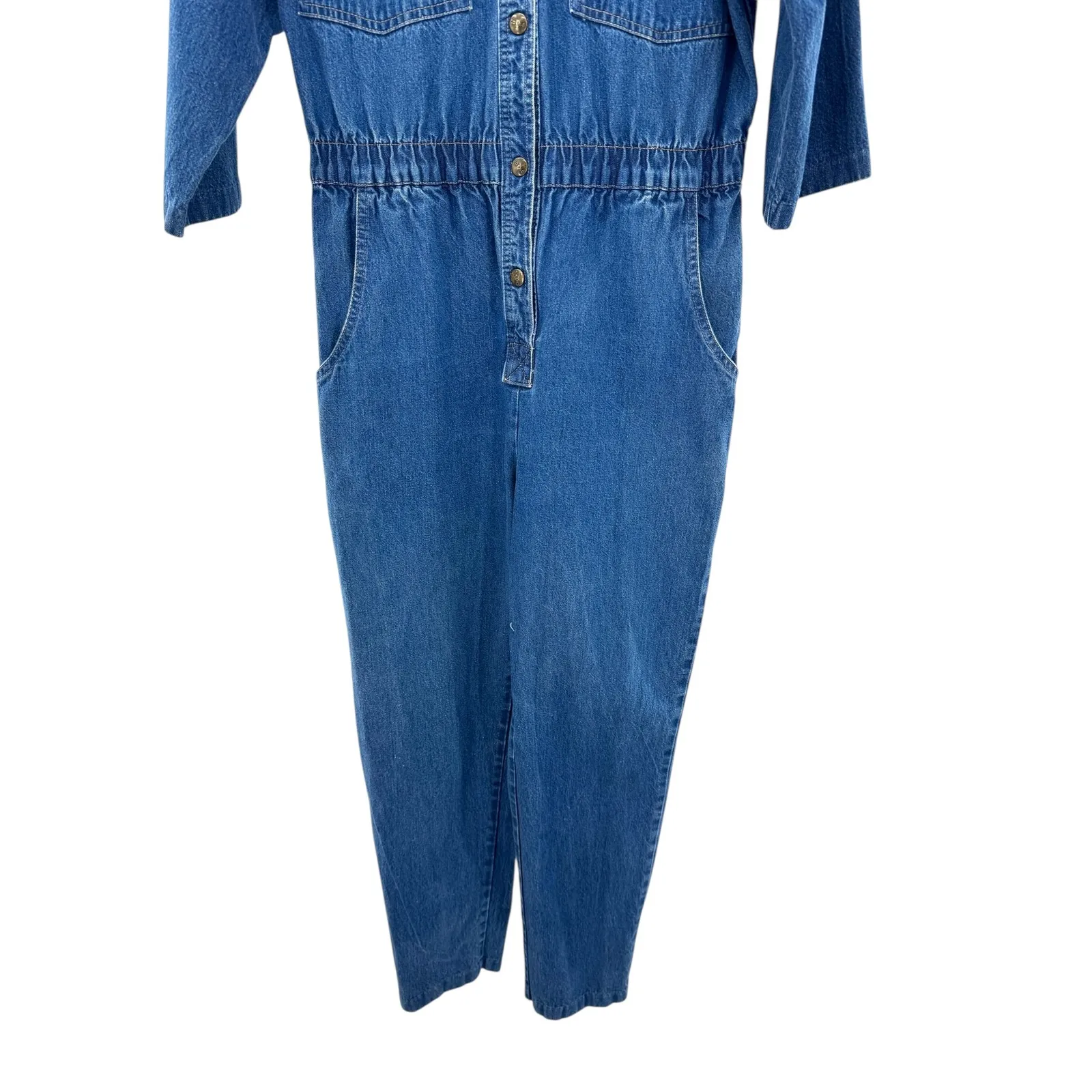 VTG IDEAS Denim Utility Jumpsuit Medium Blue Jean Boiler Suit 3/4 Sleeve 80s 90s - Image 3