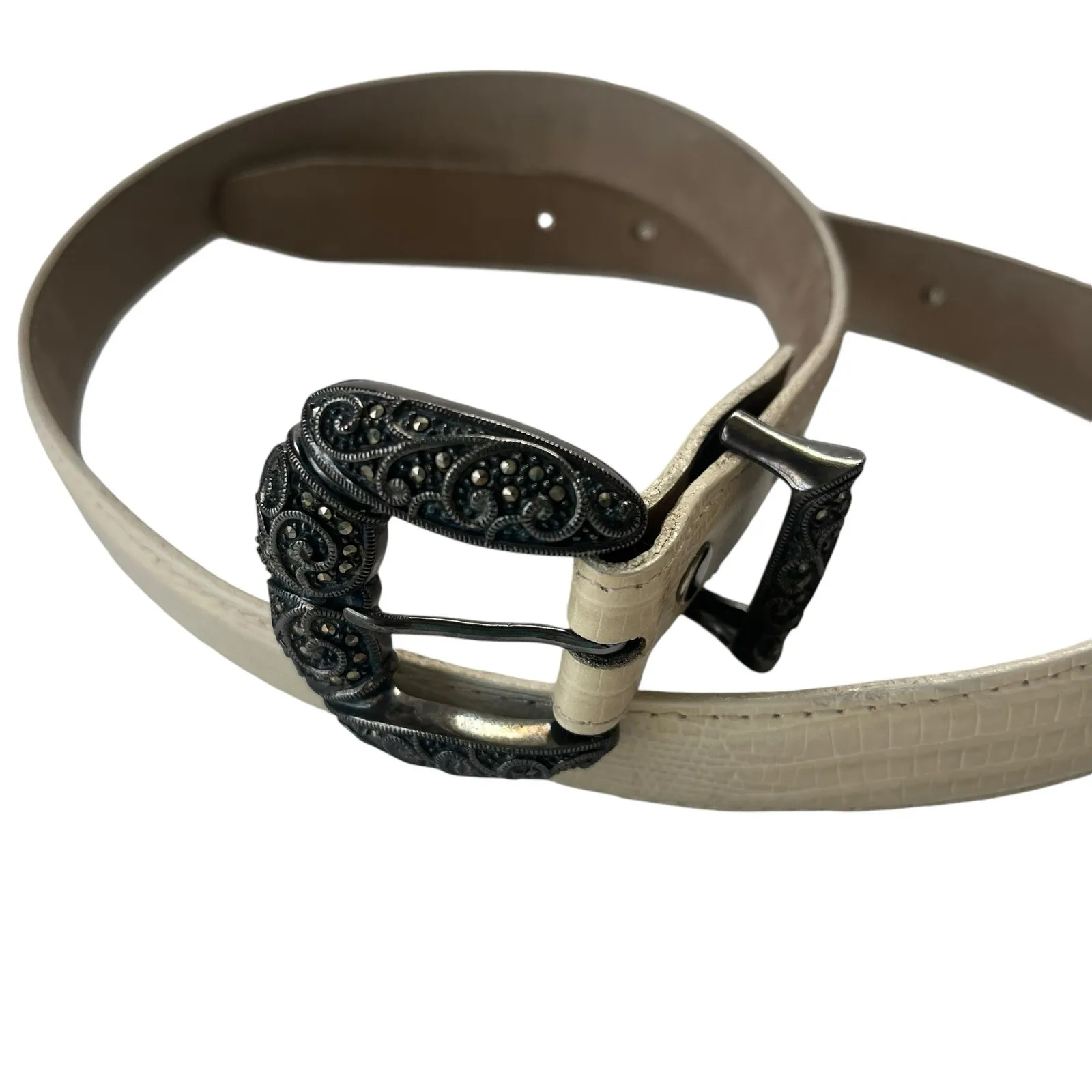 Vtg Judith Jack Sterling Marcasite Leather Womens Belt Sz M Cream Glam 90s Boho - Image 2