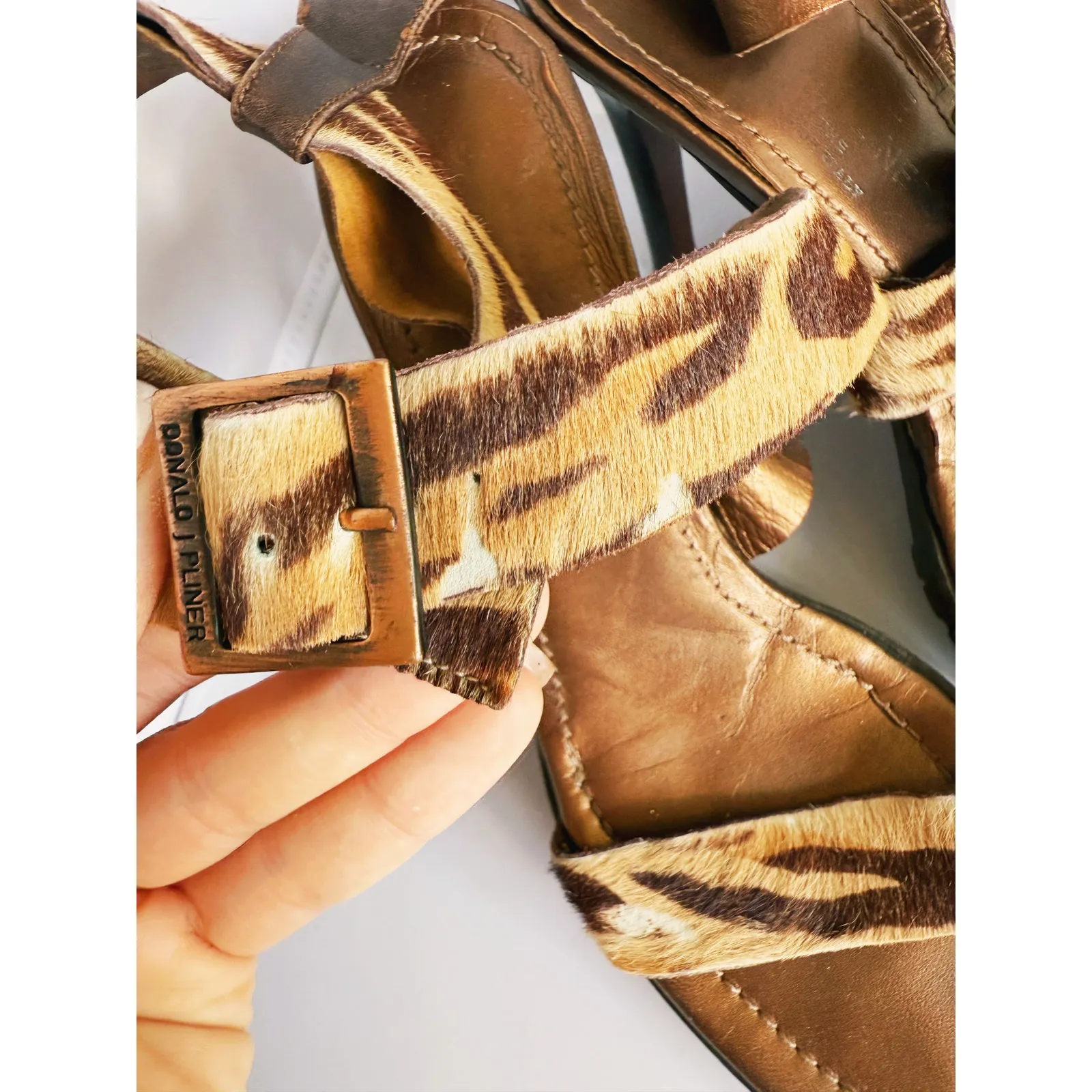 Donald J Pliner Panther Hair Calf Wrap Kitten Heel Buckle Sandal 6.5 Mobwife Brown - Image 4