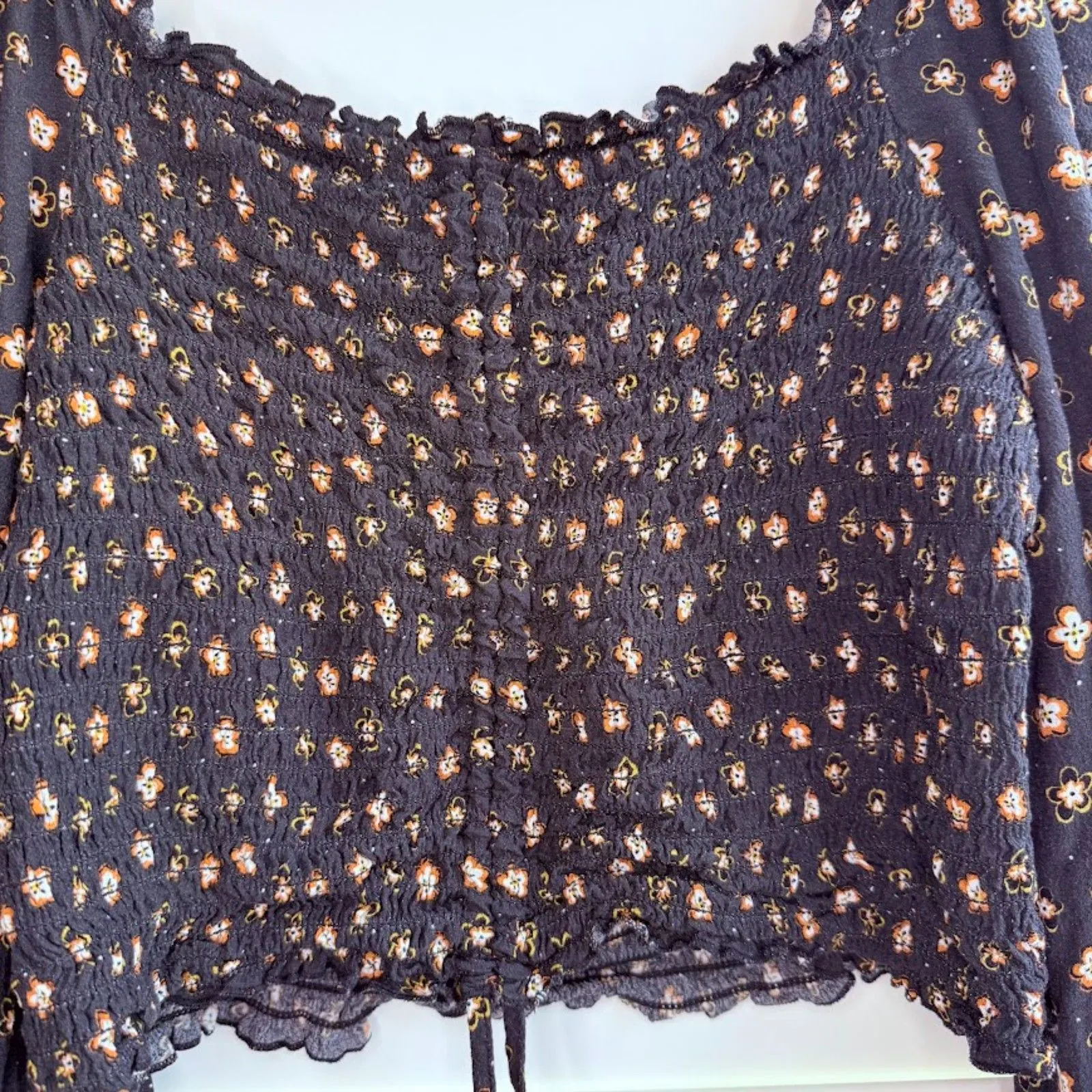 Topshop Milk Maid Smocked Long Sleeve Crop Top in Black & Orange Floral size L - Image 5