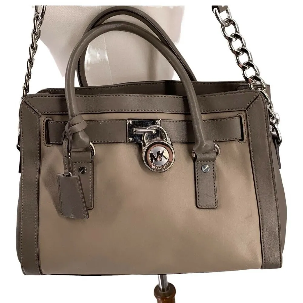 Michael Kors Taupe and Gray Leather Hamilton Silver Lock Satchel Large Handbag - Image 4