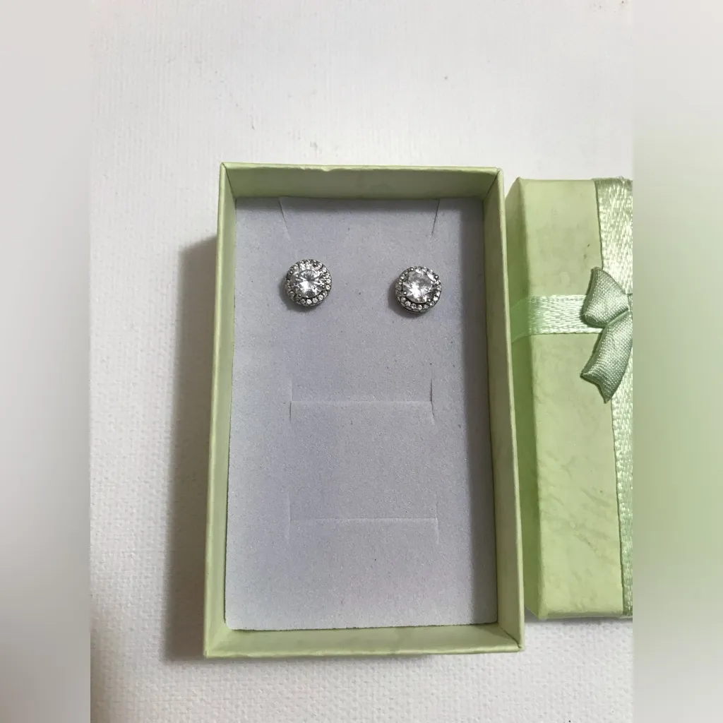 Sterling Silver 925 Dainty Classy Princess CZ White Crystal Stud Earrings - Image 2