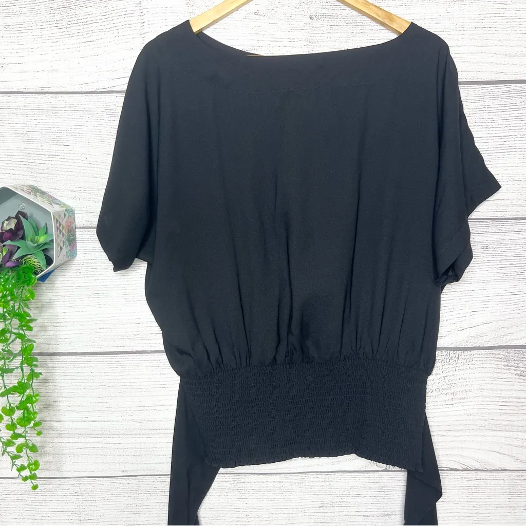 Ann Taylor Black Boatneck Dolman Sleeve Smocked Waist Tie Back Top Size Large - Image 6