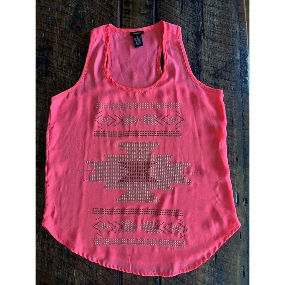 Bright hot Pink Sheer Tribal Aztec racer back Embellished Tank Top Size Medium - Image 8