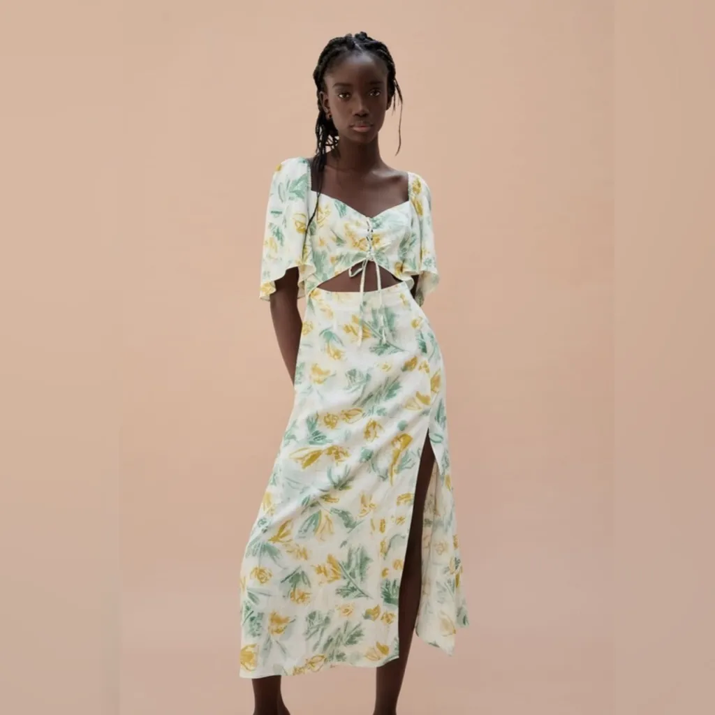 Zara Linen Flutter Sleeve Cutout Floral Midi Dress Yellow Floral Lace up Small - Image 5