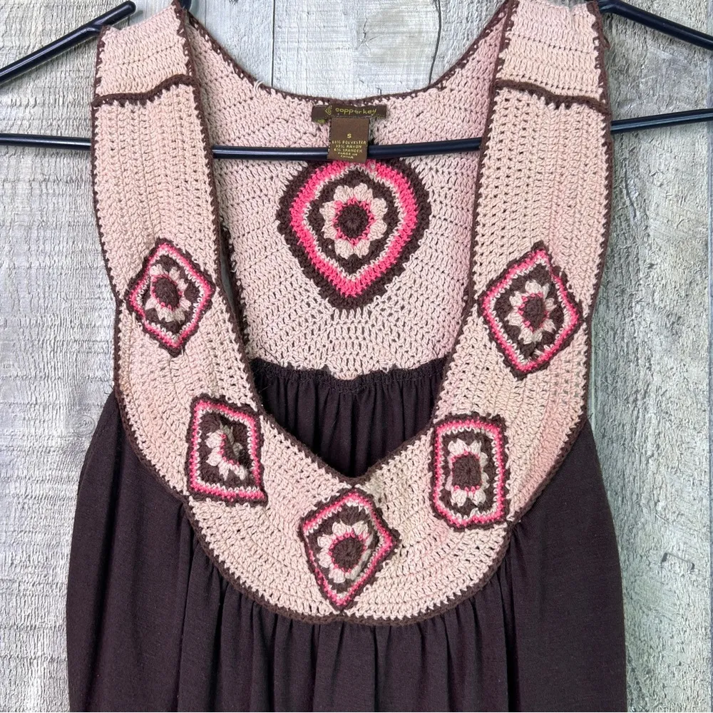 Copper Key Size Small Brown & Tan & Pink Tunic Top Crochet Neck Racerback - Image 5