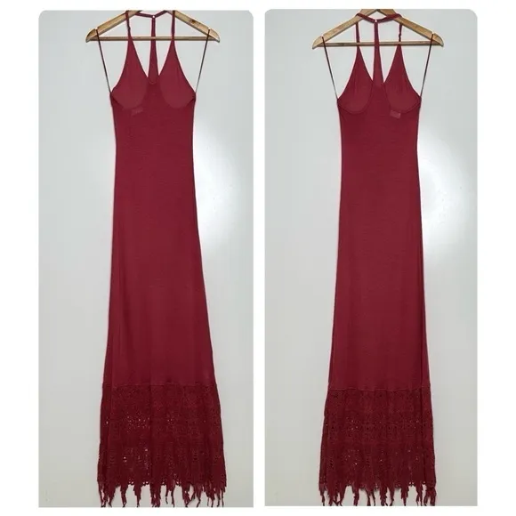 Free People Intimately T-Back Crochet Lace Hem Linen Blend Maxi Slip Dress Small - Image 2