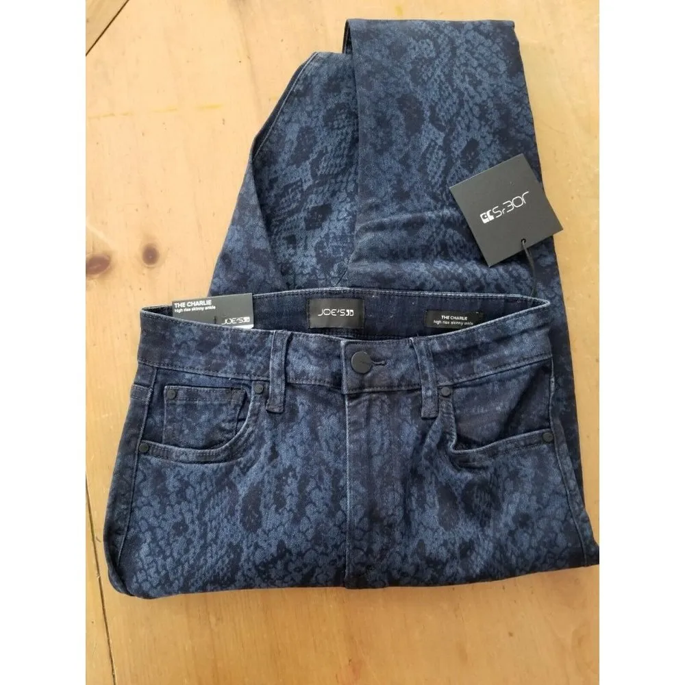 Joe's Jeans The Charlie High-Rise Skinny Ankle Black & Blue Snake Print Sz 25 - Image 5