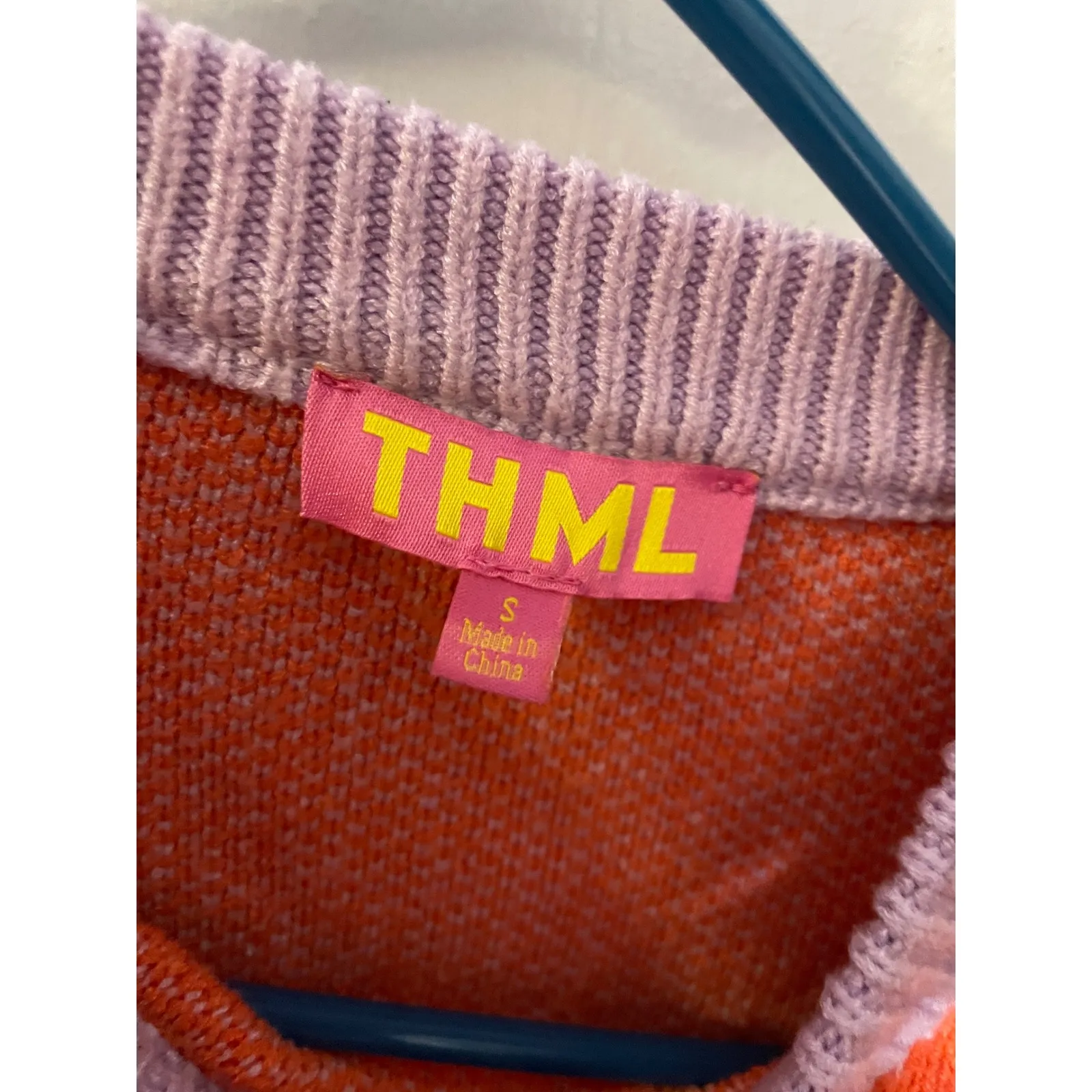 THML Colorblock Crew Neck Long Sleeve Sweater Size S Orange Purple Geometric - Image 2