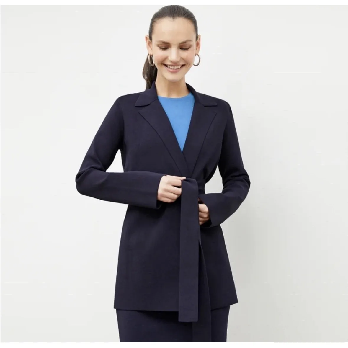 MM Lafleur Merritt Jardigan Navy Blue Belted Knit Cardigan Jacket Wrap Large - Image 2