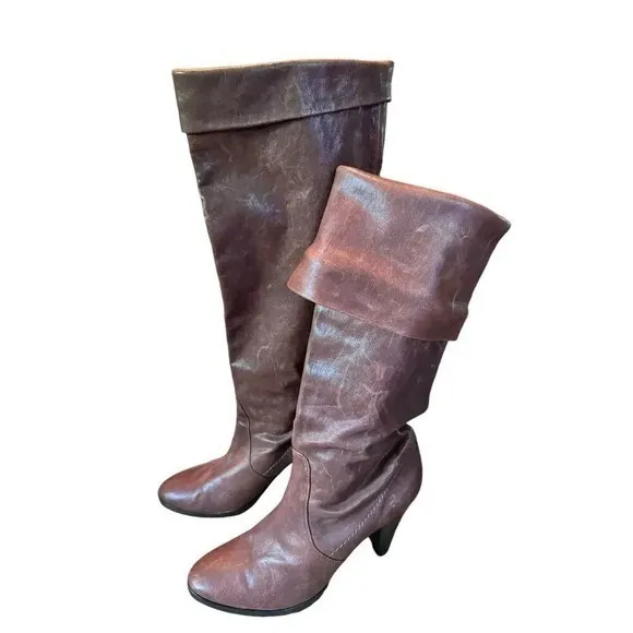 KORS Michael Kors Brown Leather Knee High Boots Heel Fold Over Cuff 70S Size 10 - Image 6