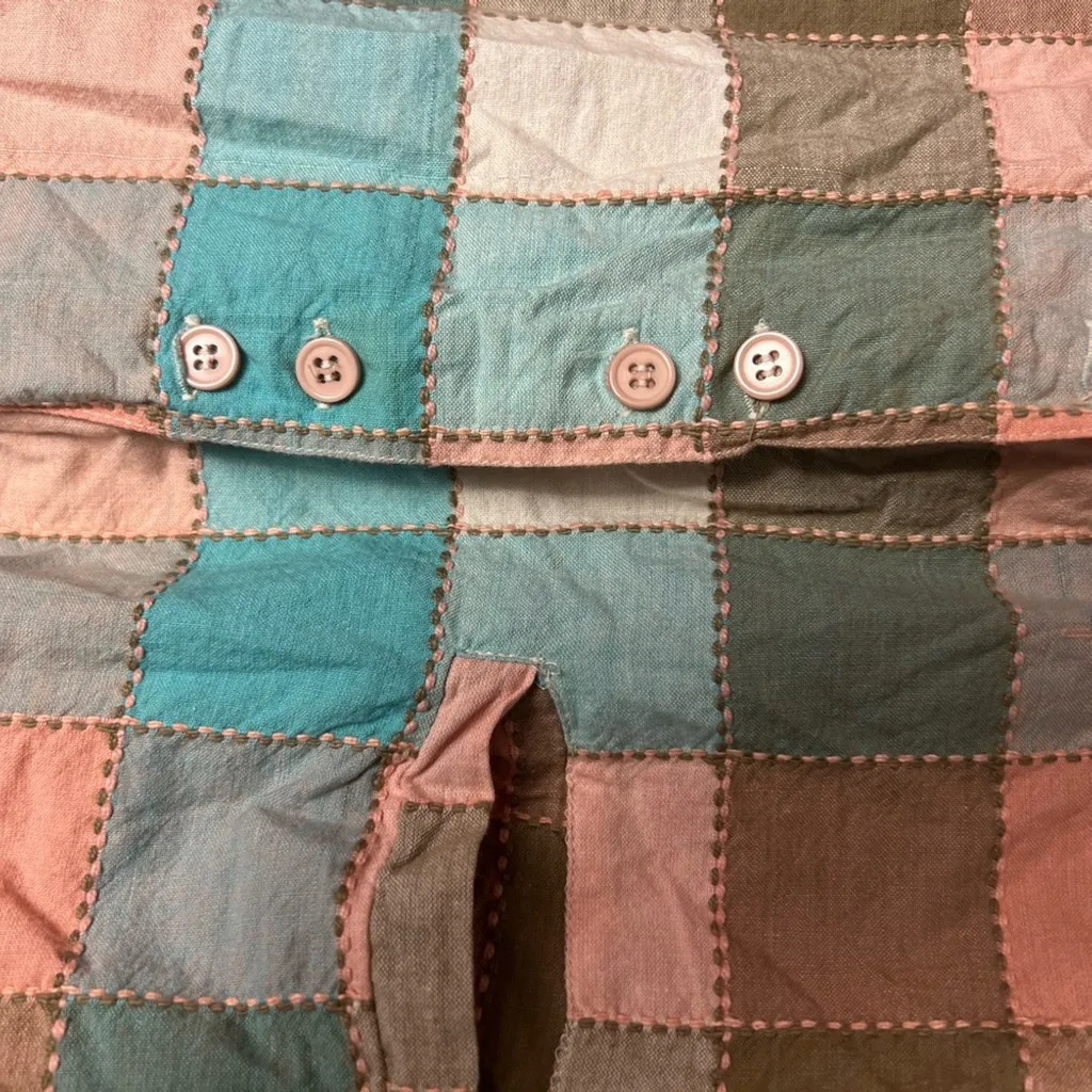 Vintage Patchwork Button Down Shirt with Shoulder Pads. Front and Back Buttons. Blue Size L - Image 3