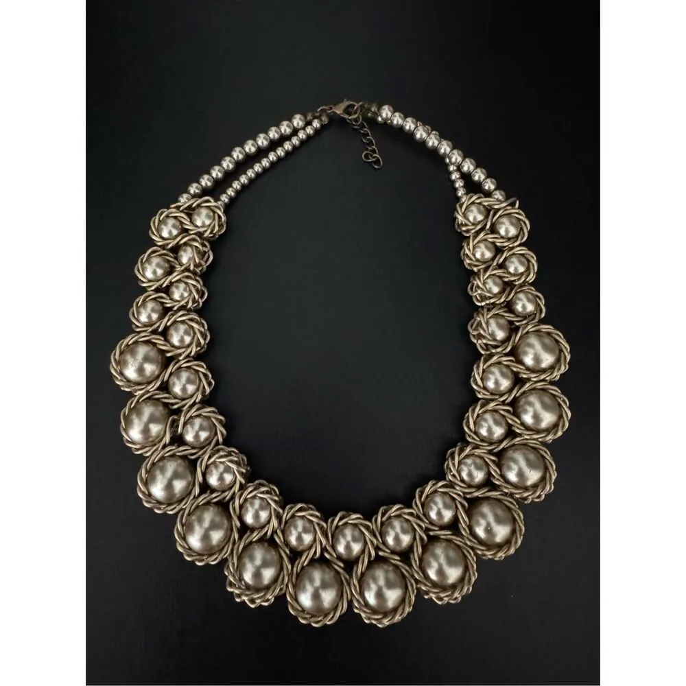 Vintage Women’s Chunky Metallic Beaded Silver Tone Statement Collar‎ Necklace - Image 3