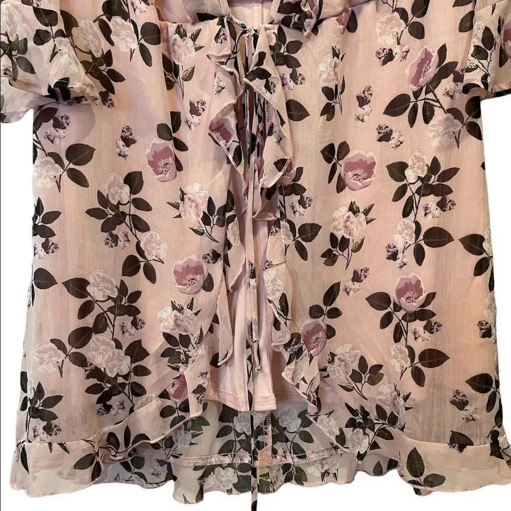 Charlotte Russe Pink Floral Boho Cottagecore Knee Length Tie Kimono Ruffle Top - Image 3