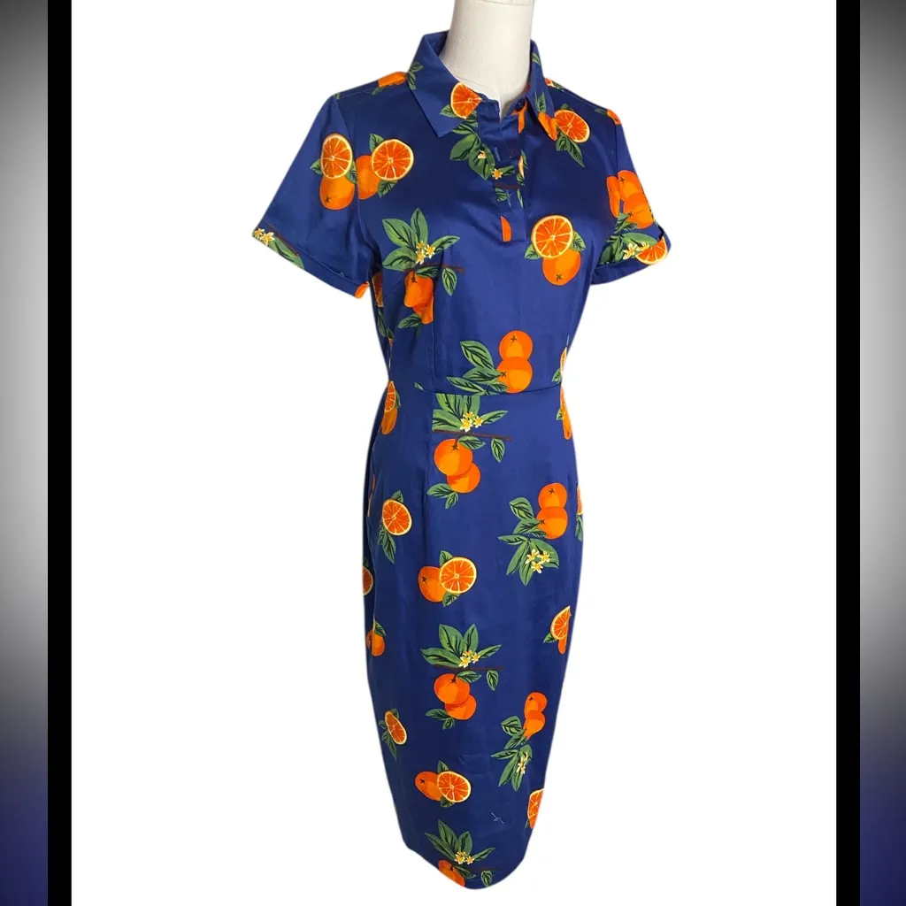 Collectif London Mirtilla Oranges Pencil Dress Blue Retro Rockabilly Size S UK10 - Image 6