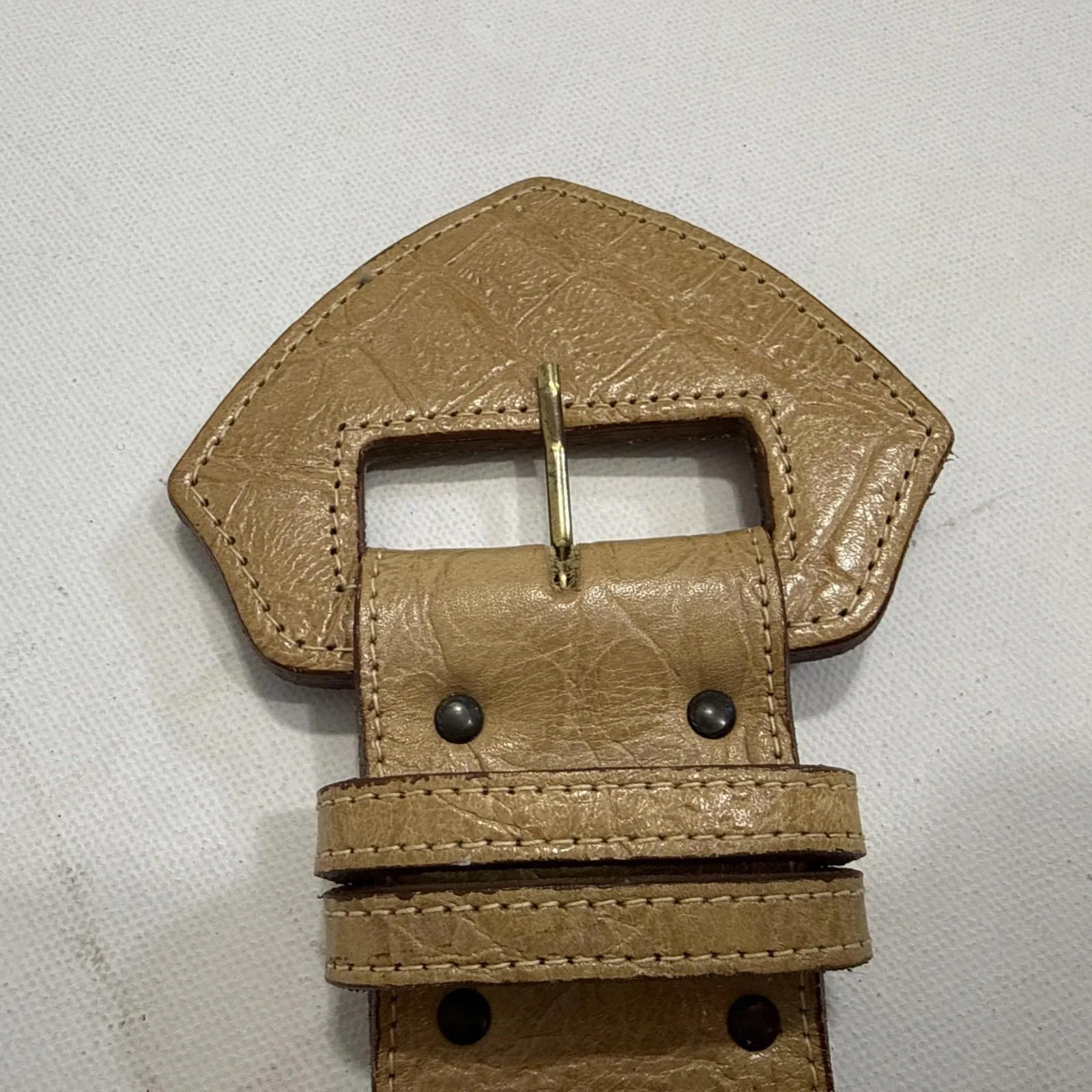 Vintage Sandy Duftler Y2K 90s Tan Leather Chunky Buckle Statement Belt 25 - Image 12