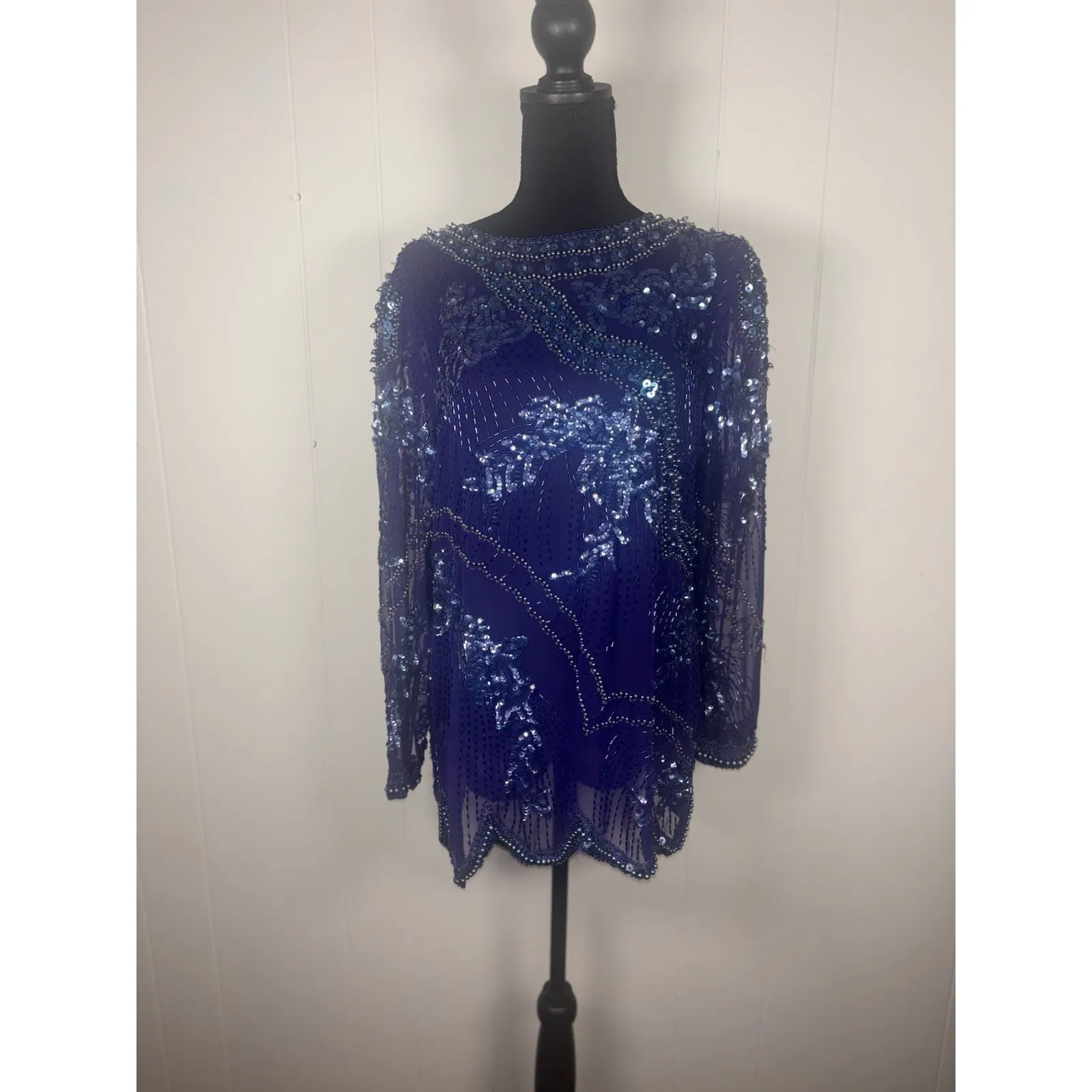 carlei lei sheer hand‎ beaded vintage blouses scallop hem purple size 10 - Image 2