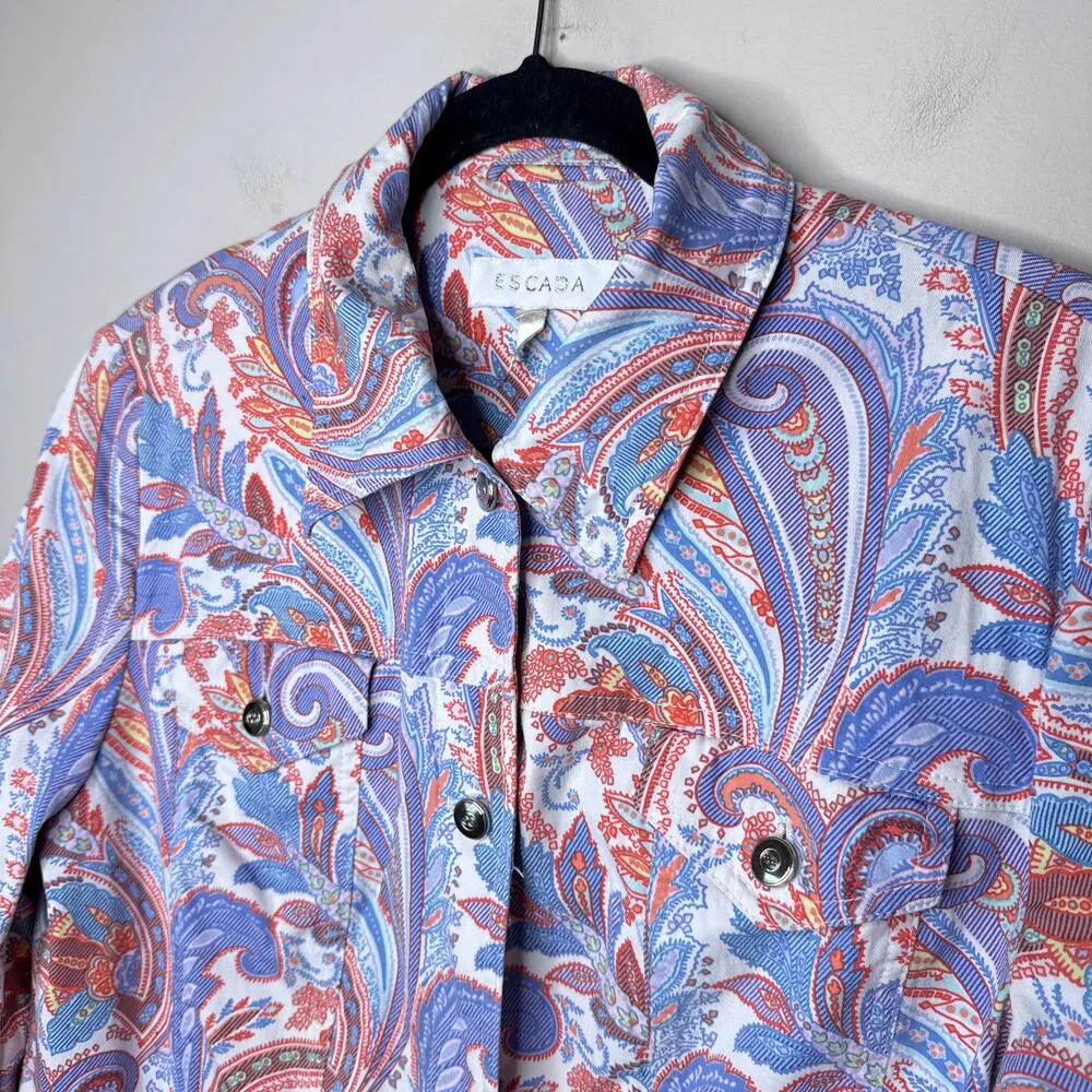 Escada Paisley Print Button Up Cotton Stretch Jacket Size 42 US 12/L Art to Wear Pink Size L - Image 3