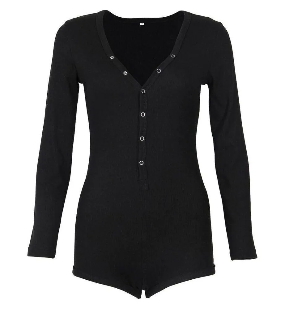 NEW Shorts Long Sleeve Knitted 1 Pc Bodysuit l Pajama Romper M Black Size M - Image 3