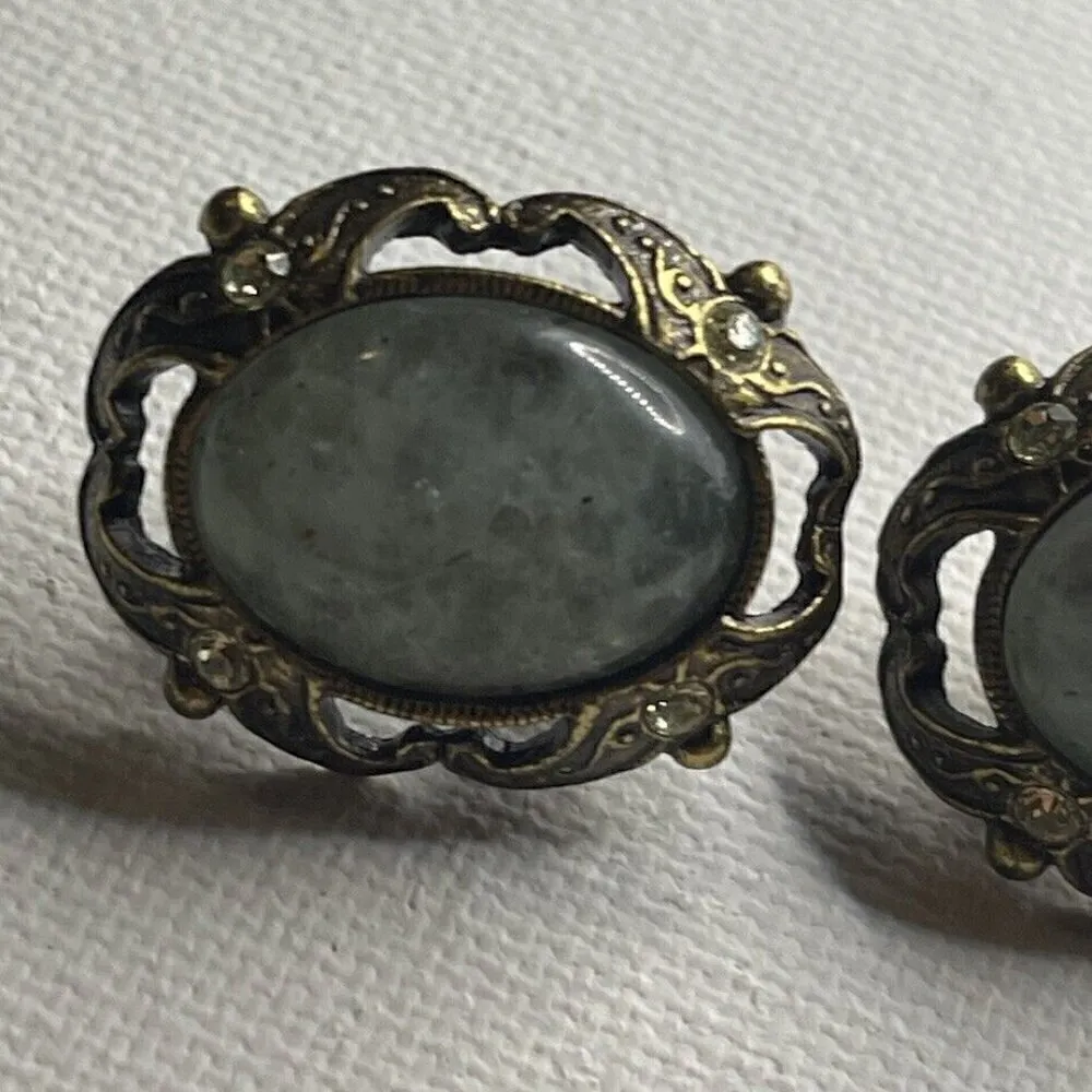 Vintage Moss Green Jade Clip On Earrings Oval Gold Tone White Stones Estate Pcs - Image 11