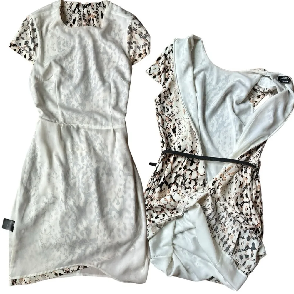 Bebe Leopard Print Black Ivory Bodycon Mini Dress Faux Wrap Short Sleeve Size 8 - Image 9