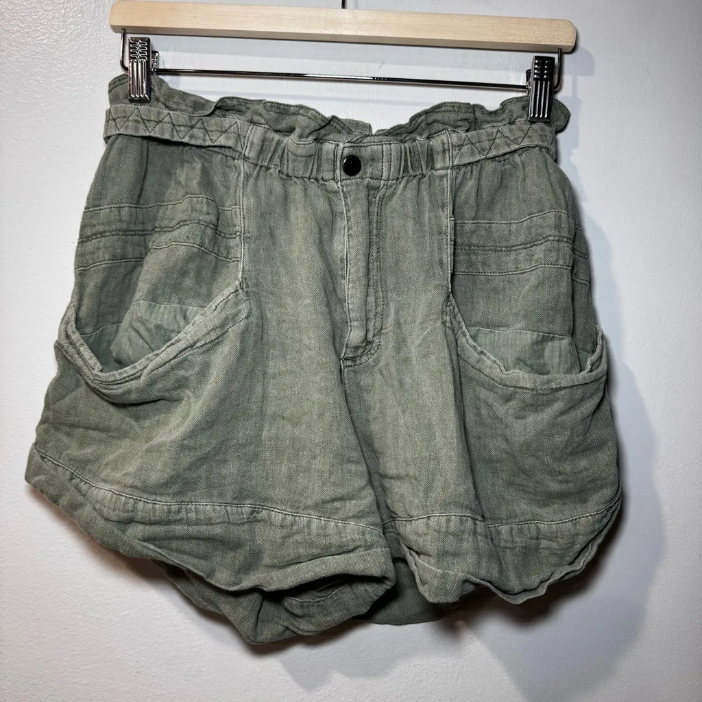 Free People Womens Topanga Cuffed Shorts Linen Cotton Green Paperbag Small - Image 2