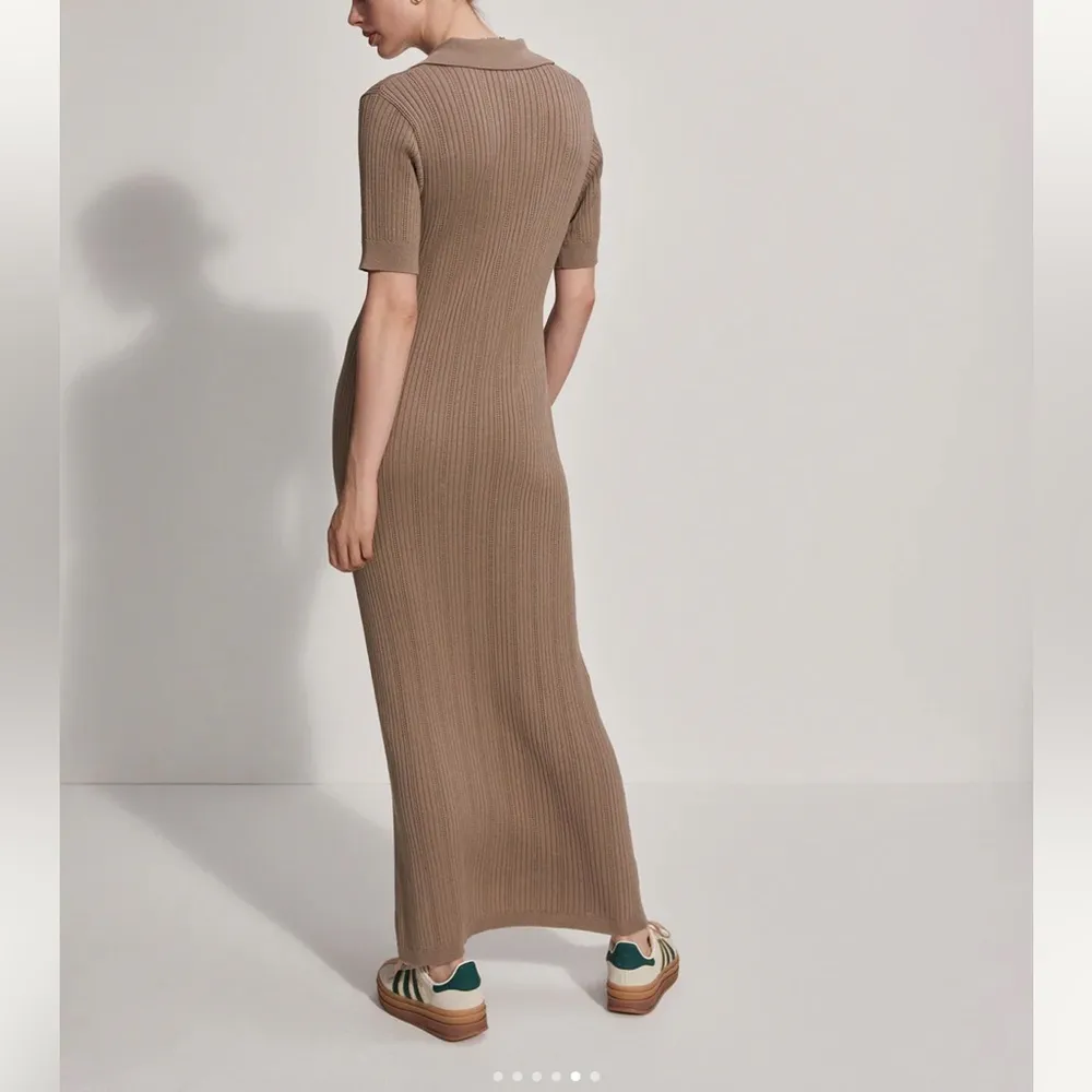 Varley Cream Ribbed Knit Dress Large Andrea Pointelle Maxi Dress Casual Stretch - Image 3