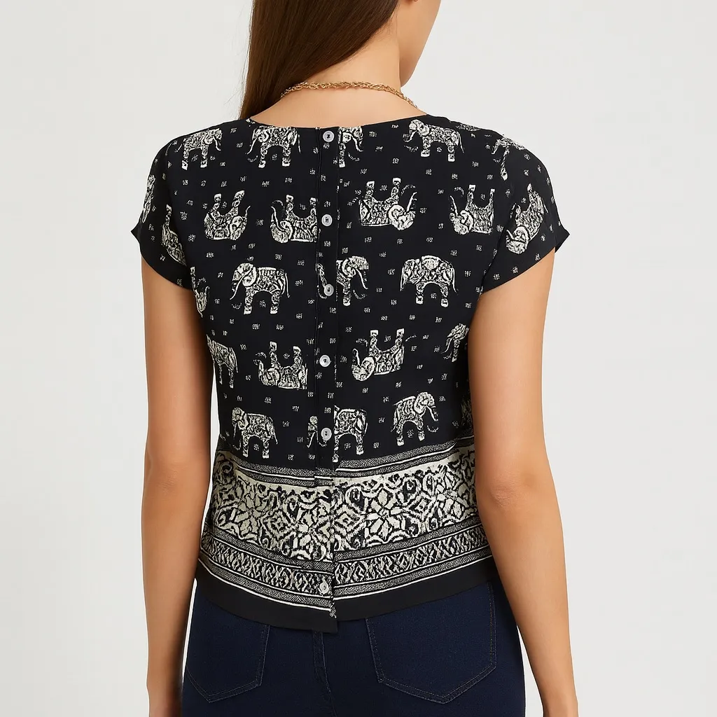 A'Gaci Elephant Print Button Back Blouse-Black & White (1081) - Image 3