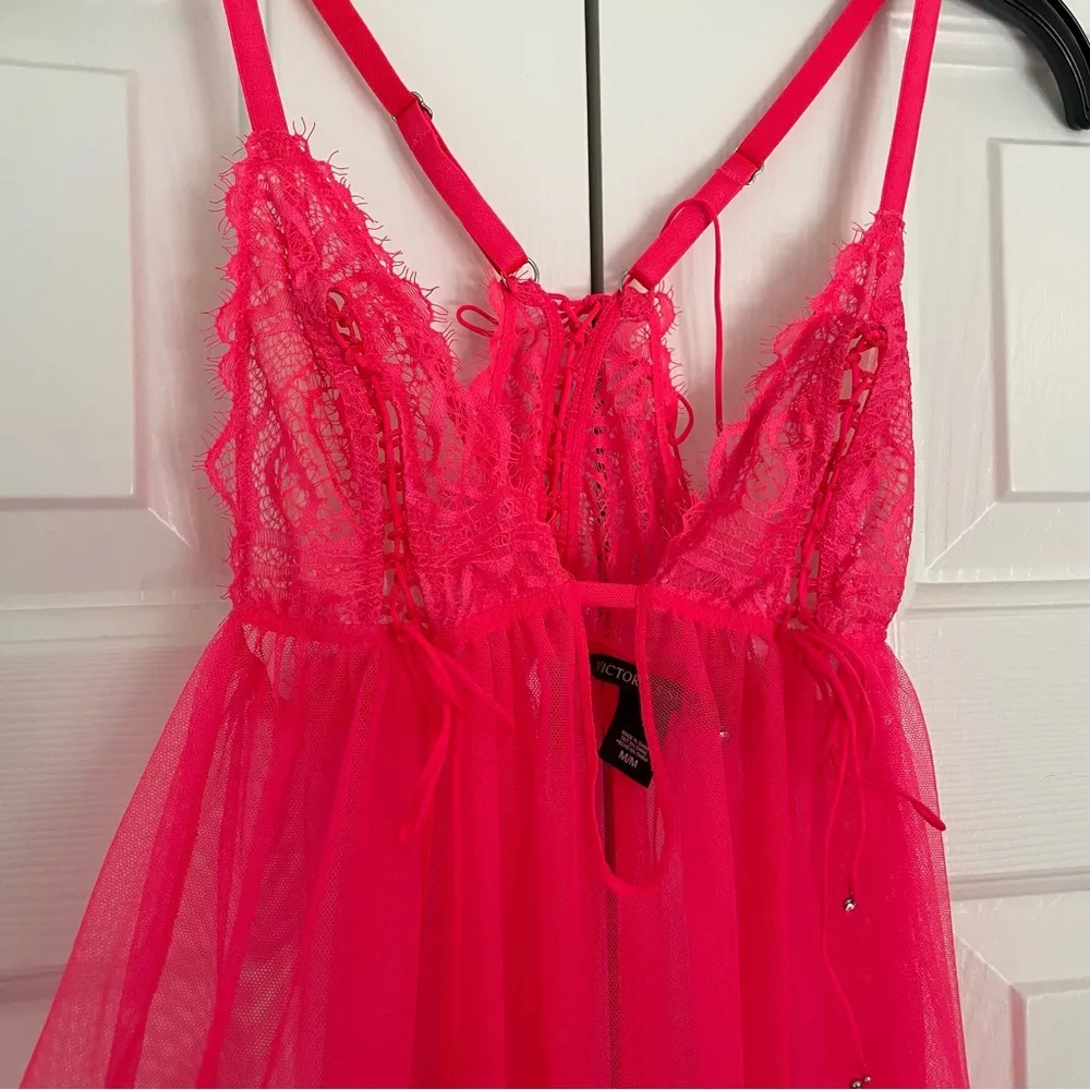 Victoria’s Secret Neon Pink Sheer Lace Babydoll Slip Sz Medium Intimates - Image 5