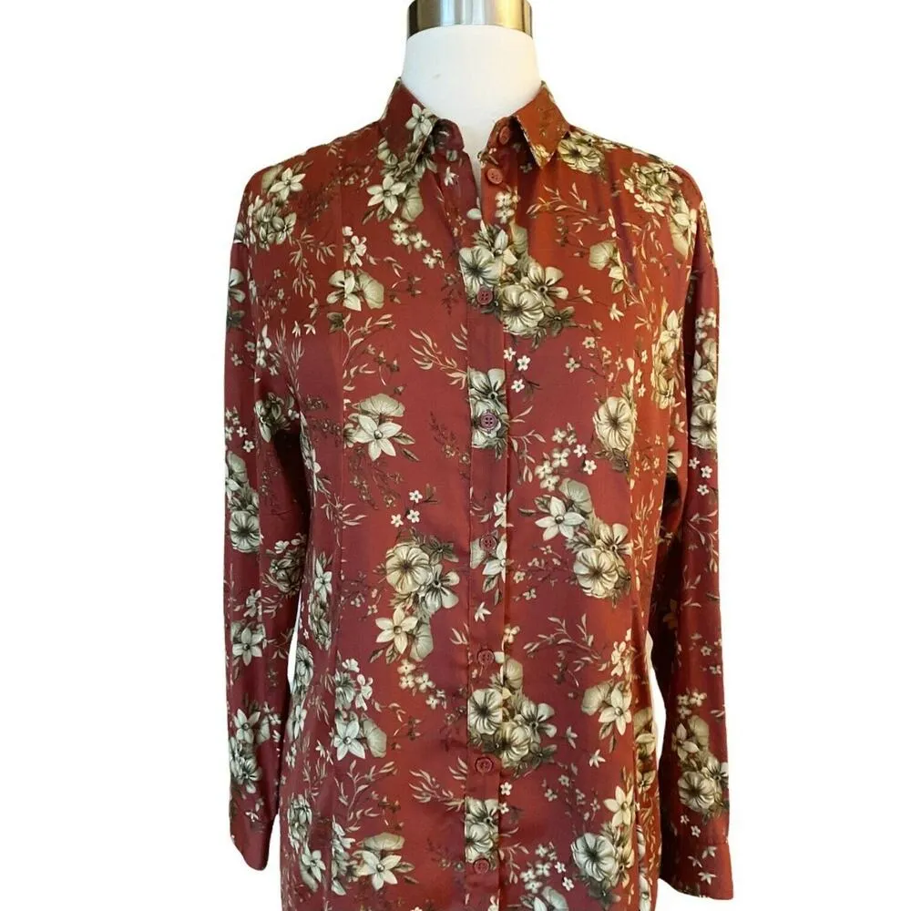 MOUSSY Shirt Dress Button Down Floral Burnt Orange Brown Long Sleeve Midi M EUC Size M - Image 6