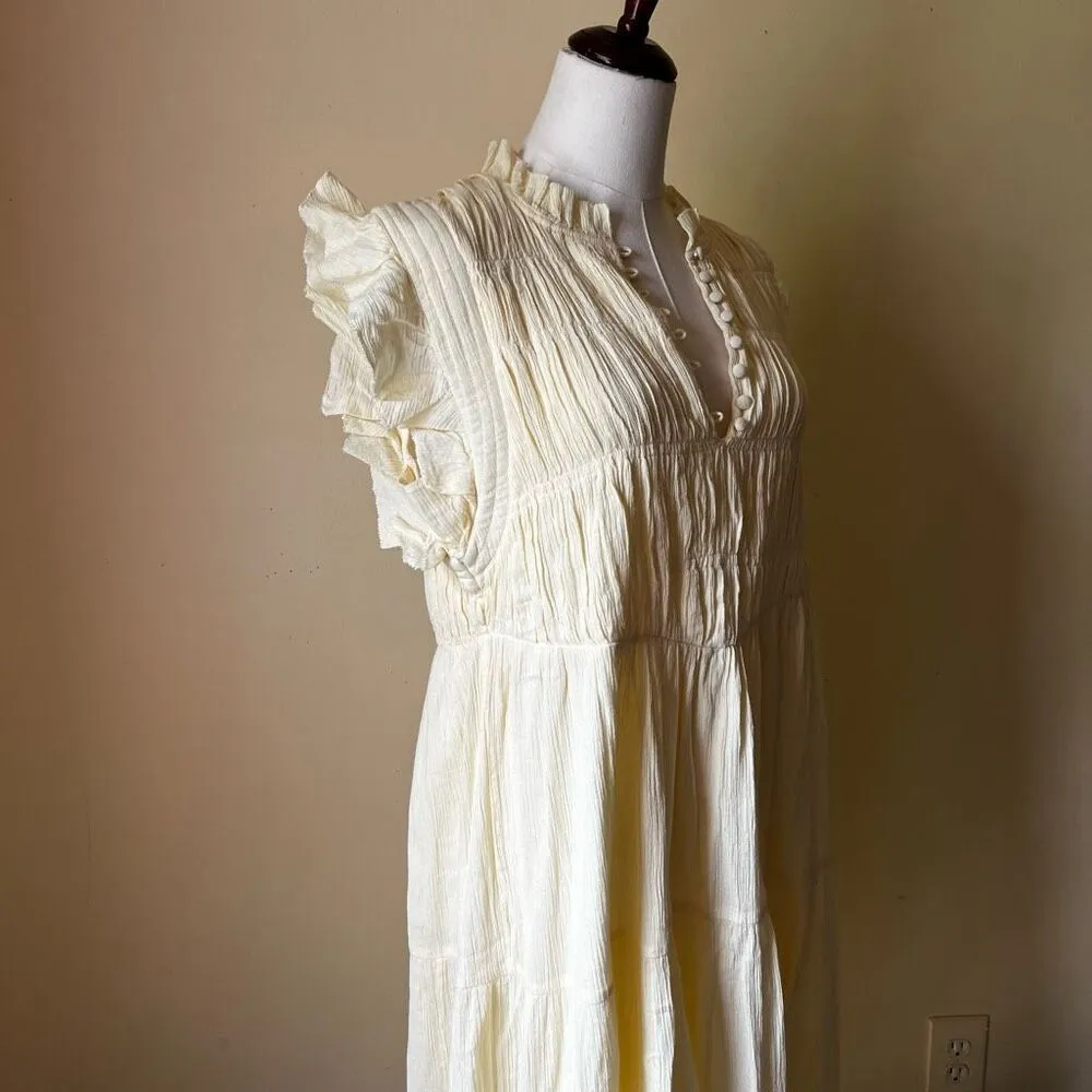 Ba&sh Noah Shirred Cotton Gauze Midi Dress Yellow Ruffle Sleeve Prairie Boho 10‎ - Image 8