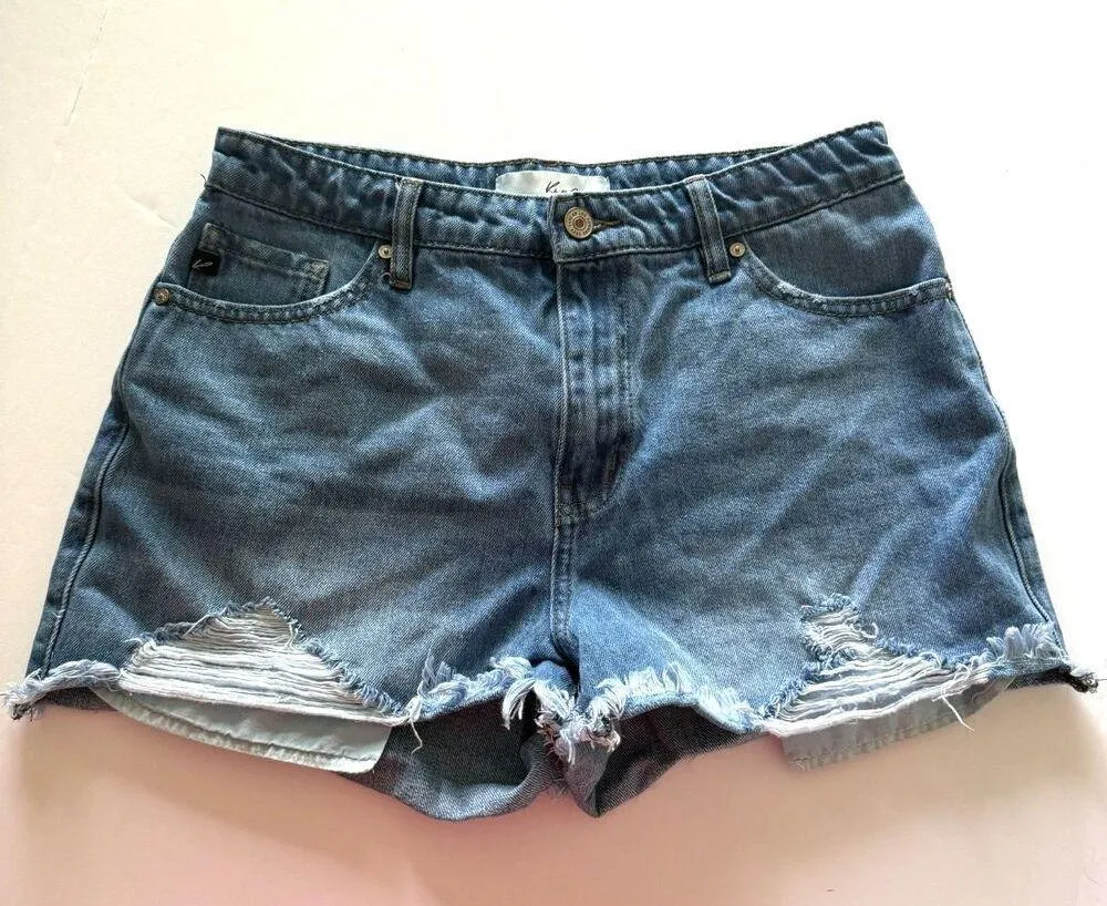 Kancan High Rise Medium Wash Frayed Hem Distressed Denim Shorts Zip Fly Sz 7/27 Blue - Image 2
