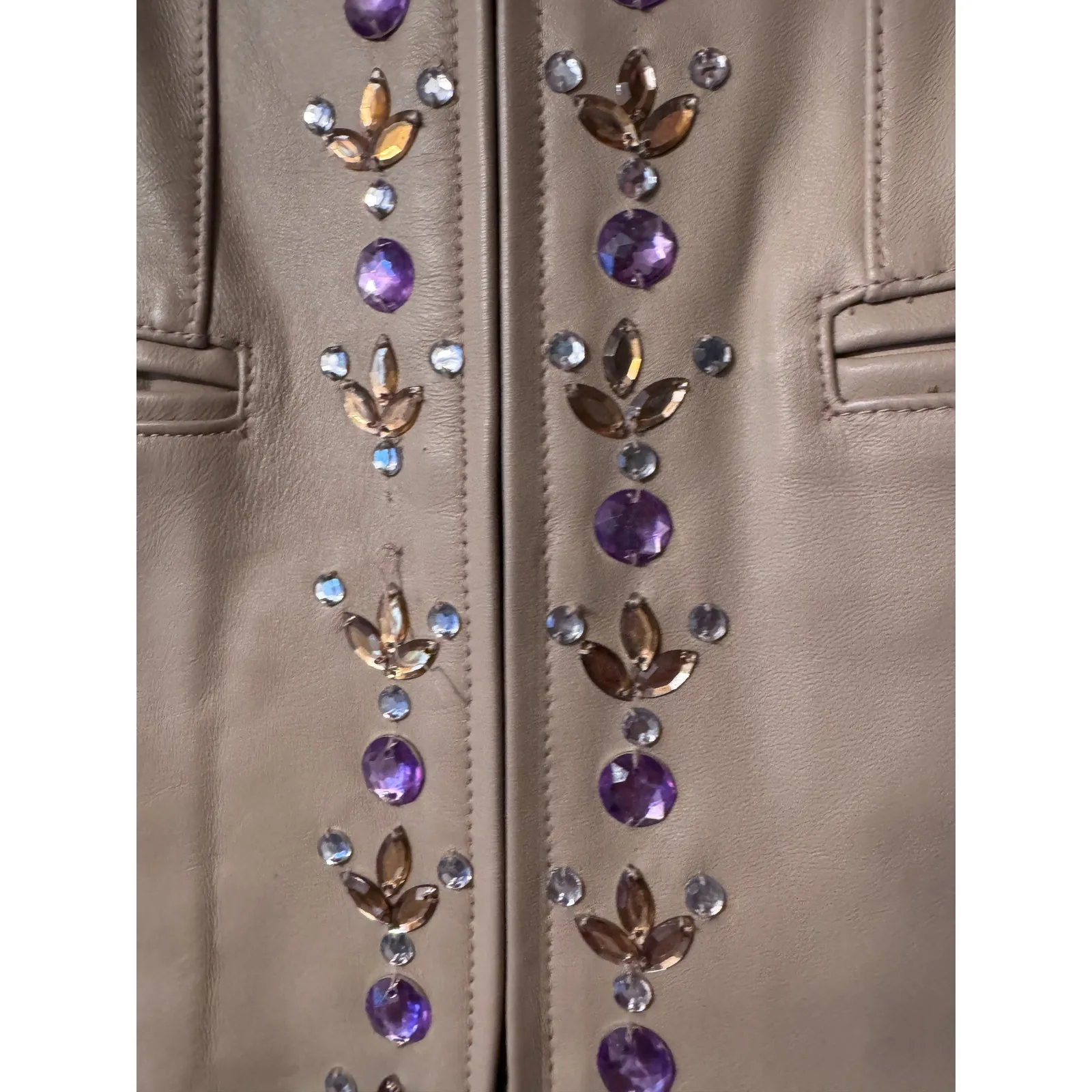 Pamela McCoy Collections Beaded Leather Jacket Tan Mandarin Collar Zip Front XS - Image 5