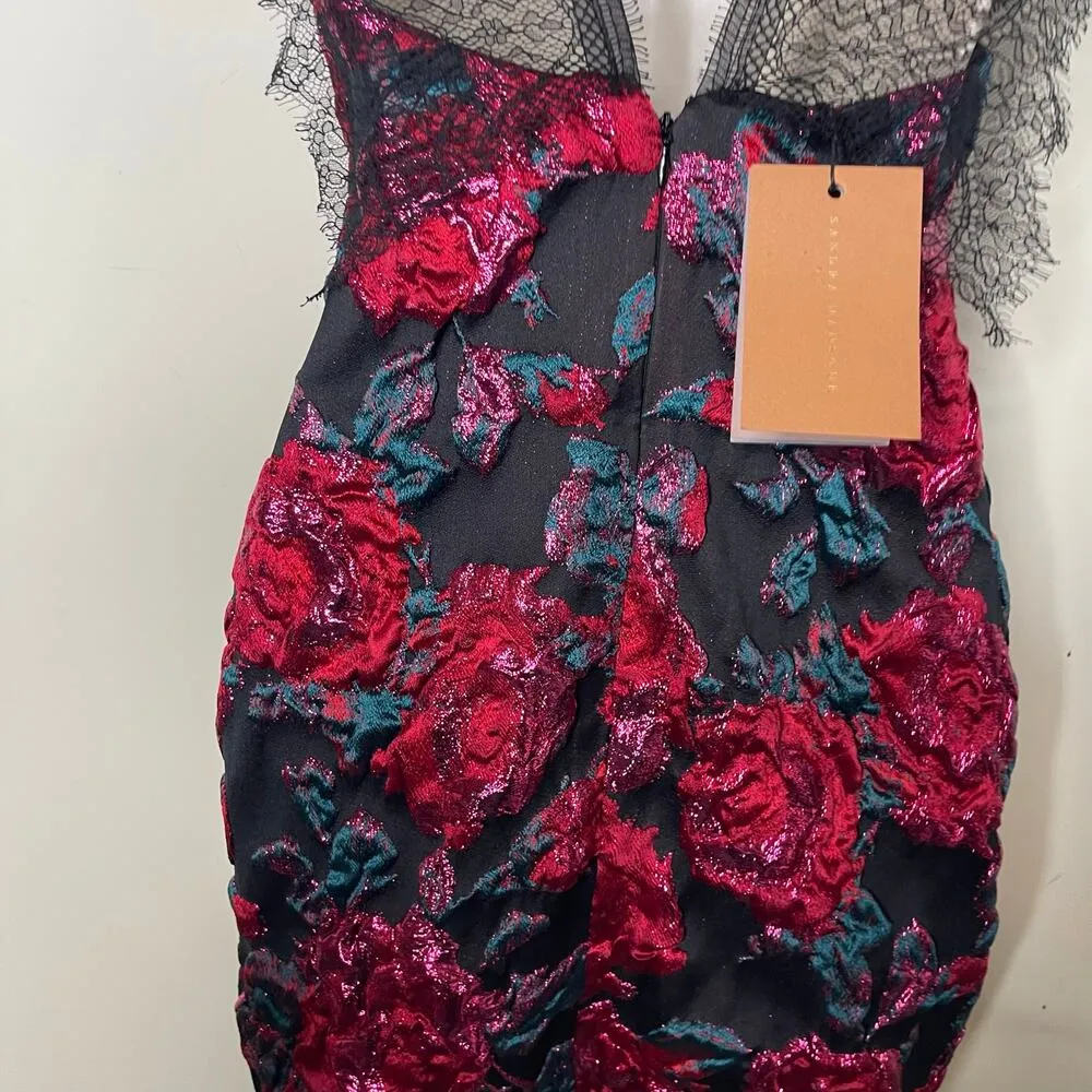 NWT Sandra Mansour jacquard pink roses mini black dress sz 34 US XS - Image 13