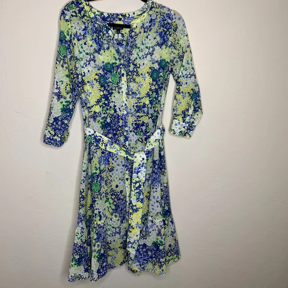 NWOT Talbots Sz 8 Floral Cotton Shirt Dress A Line Ruffled Blue Green Yellow - Image 6