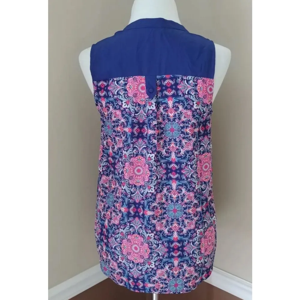Modcloth Blue & Pink Boho Floral Fleur De Lis Medallion Sleeveless Blouse NEW - Image 5