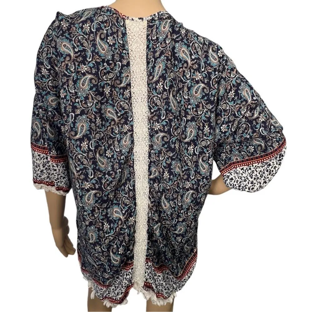 Kori America Paisley Patterned Short Sleeve Kimono With Fringe Hemming Blue Size M - Image 5