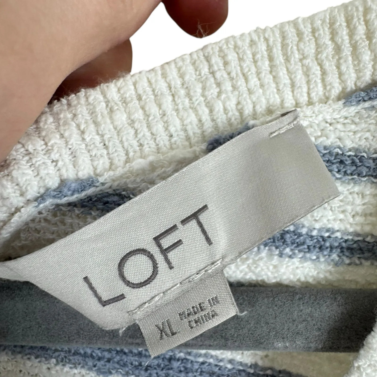 LOFT Blue White Striped Cotton Blend V-Neck 3/4 Sleeve Terry Cloth Sweater Sz XL - Image 4
