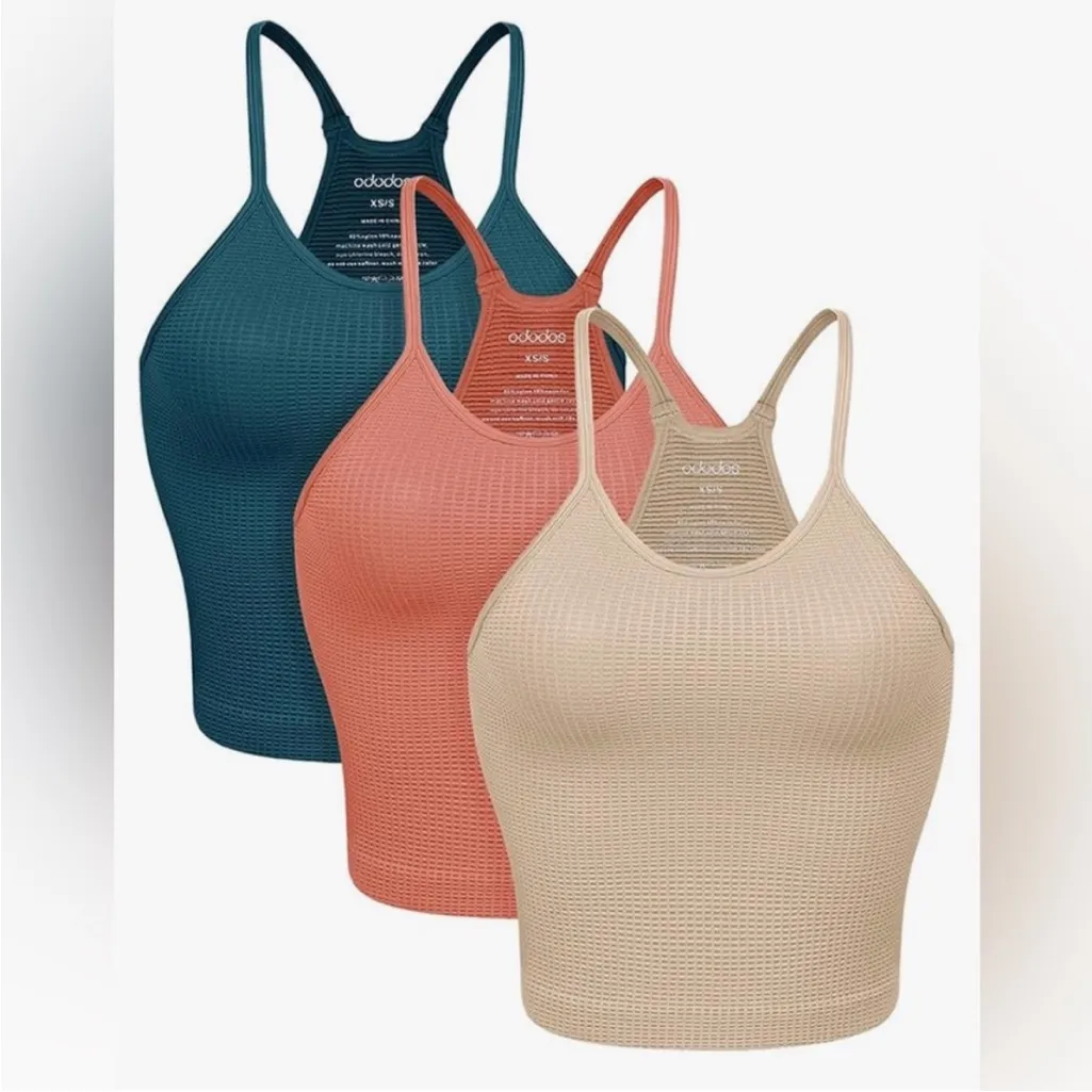 ODODOS Womens Crop Waffle Herringbone Knit Seamless Camisole Crop Tank M/L Tan Size M - Image 2