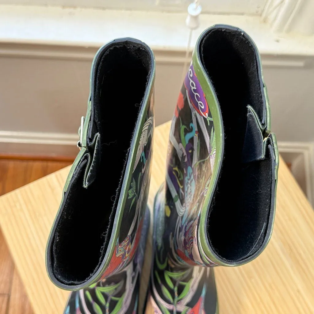 Rubber Tall Rain Boots Forest Green Wellies The Sak Peace Nature Womens Size 8 - Image 5