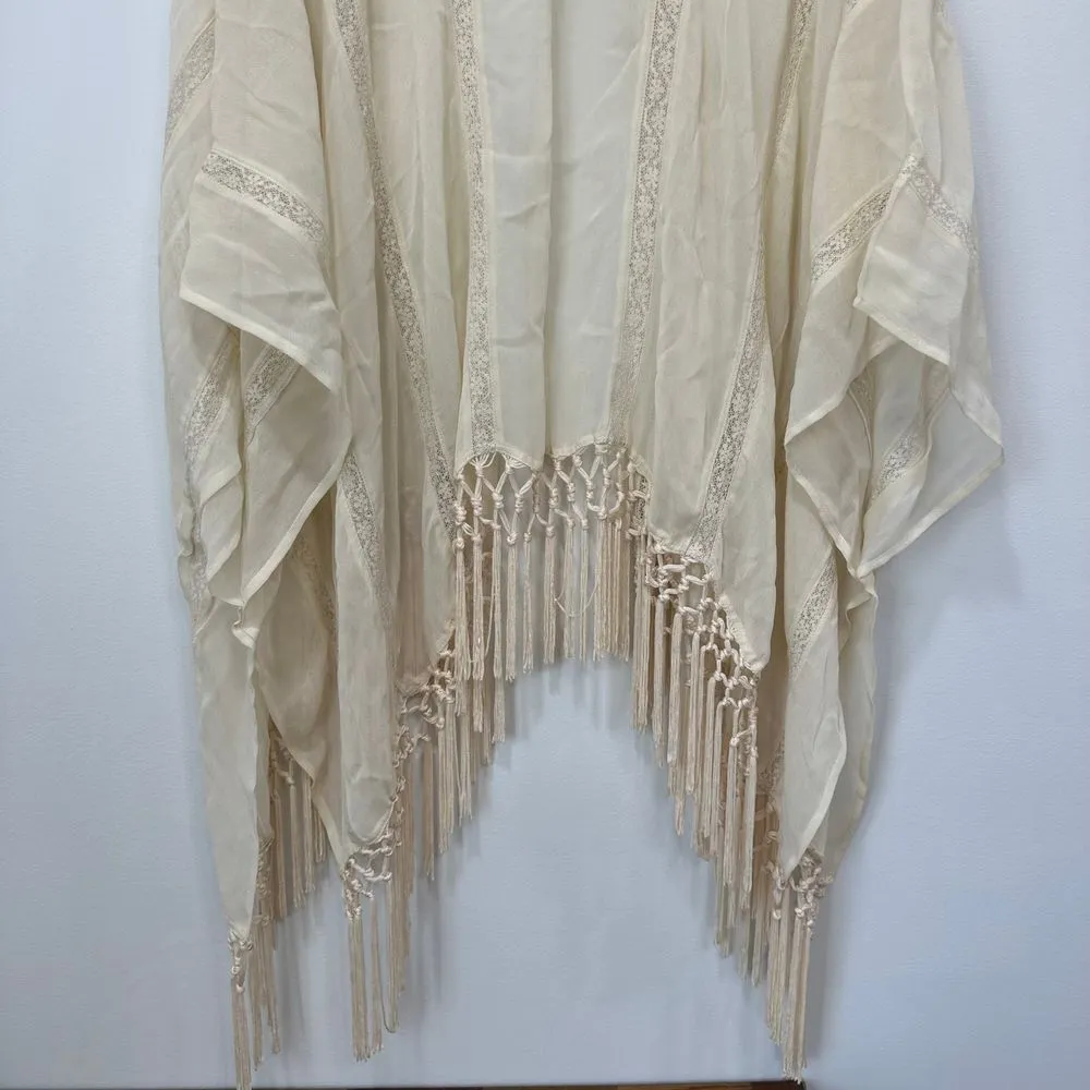 Muche Et Muchette Ivory‎ Lace Shawl Poncho Boho One Size Fringe Beach Coverup Tan - Image 12