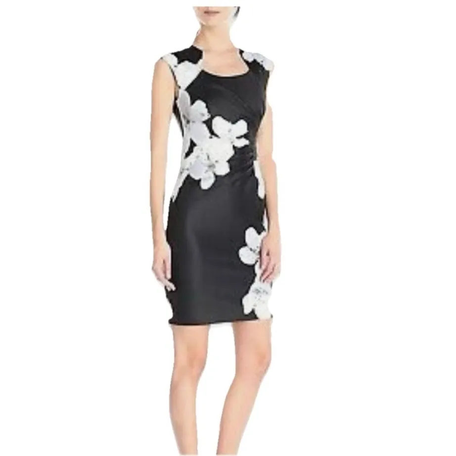 Calvin Klein Floral Side Ruched Horseshoe Neck Scuba Sleeveless Sheath‎ Dress 8 - Image 2