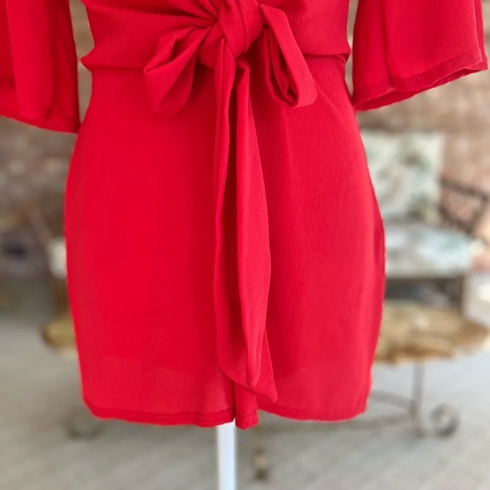 NWT Prettylittlething Romper Tie Front Red Playsuit 4 Plunging V-Neck Cocktail - Image 7