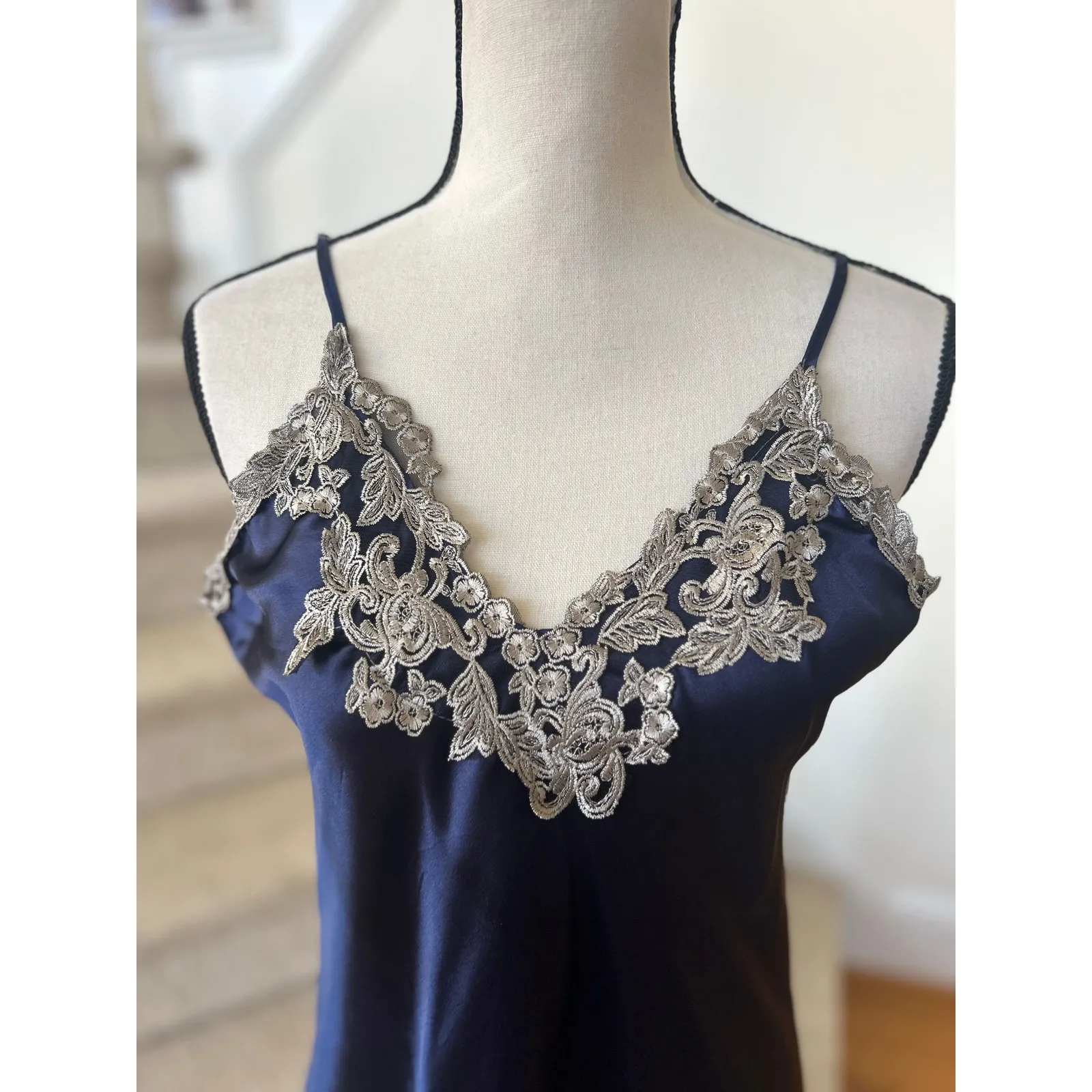 Coquette Whimsygoth Fairy Navy Blue Satin Lace Trim Full Length Slip Dress Size M - Image 3