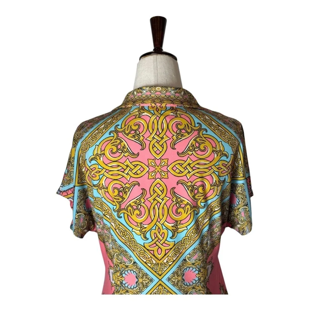 Hale Bob Shirt Women Small Gold Pink Geometric Jersey Knit Collared Pullover Top - Image 4