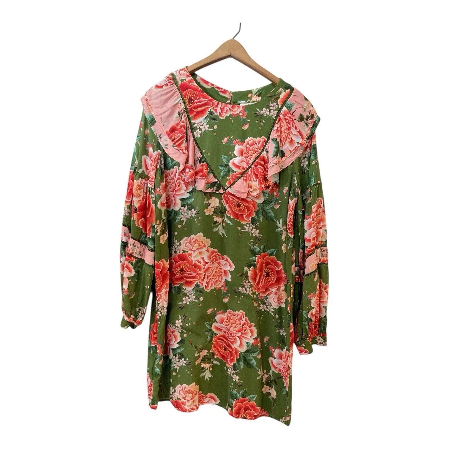 FARM Rio Anthropologie Elinor Tunic Dress Green & Pink Floral Ruffle Size M - Image 5